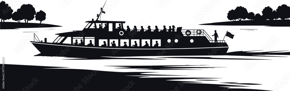 Fototapeta premium Silhouette of a passenger boat with people on deck sailing, boat, ship, ferry, passenger, people, deck, sailing, water, river, lake, sea, transportation, travel, leisure, silhouette, black, white, iso