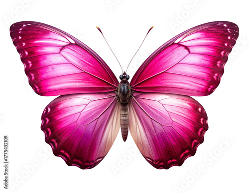  A realistic AI-generated butterfly with deep pink wings spread wide, subtle gradients of magenta and rose tones, deand faint drop shadow for realism, isolated on a clean white background.