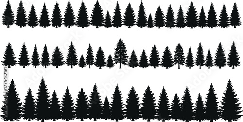 Black pine forest tree silhouette border set, evergreen conifer tree line vector illustration for nature background, landscape design, outdoor wilderness pattern art