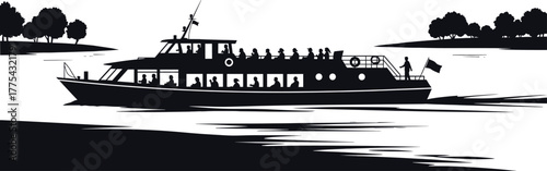 Silhouette of a passenger boat with people on deck sailing, boat, ship, ferry, passenger, people, deck, sailing, water, river, lake, sea, transportation, travel, leisure, silhouette, black, white, iso