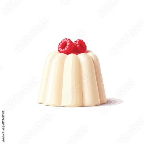 A delightful white creamy dessert, possibly panna cotta, topped with fresh raspberries, a perfect sweet food for any occasion, presented elegantly on a white background