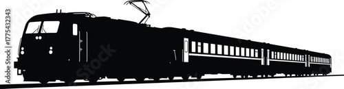 Silhouette of a vintage electric train with pantograph on tracks, train, transportation, railway, locomotive, vintage, retro, silhouette, black and white, electric, travel, journey, transport, engine,