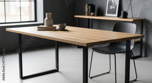 Modern dining room with a sleek wooden table and black chair, featuring minimalist home decor and contemporary interior design in a clean, inviting living space