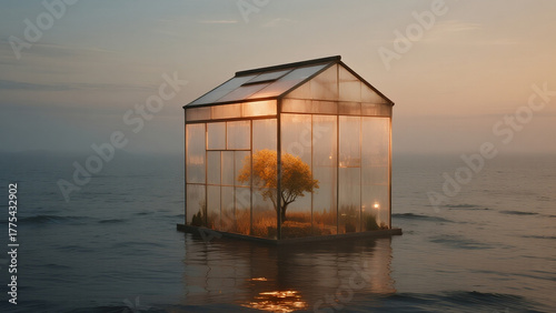 transparent greenhouse cube floating on calm ocean
