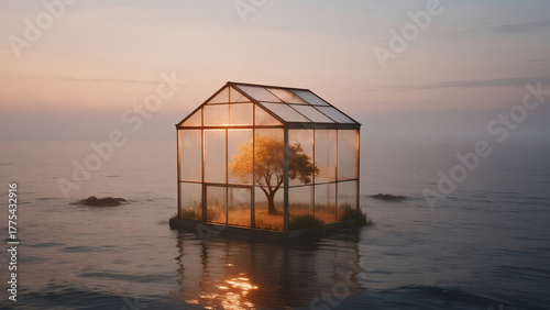 transparent greenhouse cube floating on calm ocean