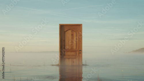wooden door standing alone in still water