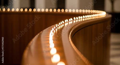 Lit candles in a row on a wooden structure curved warm light shallow depth of field