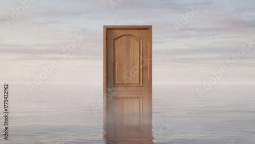 wooden door standing alone in still water
