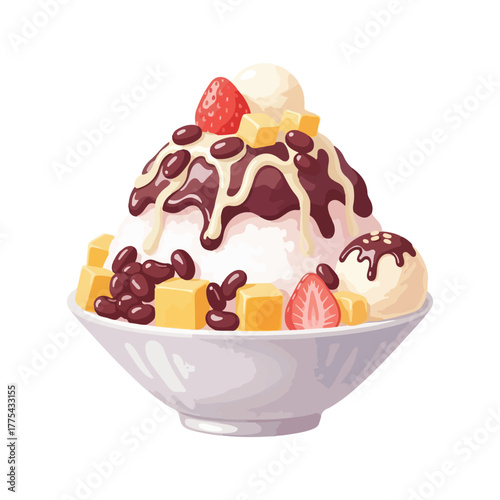 A delicious and refreshing Korean dessert, this shaved ice food with red beans, ice cream, and fruit toppings is a perfect treat for a hot day, highlighting a colorful and appetizing visual