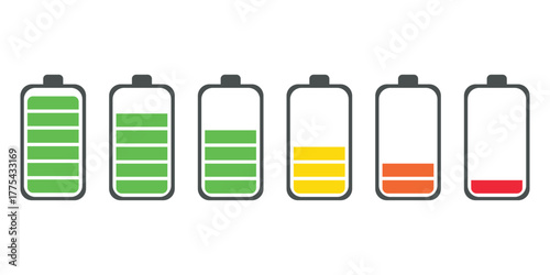Battery Charge Level Icons Set. Full to Empty Power Indicator, Energy Status Bar Vector Illustration.