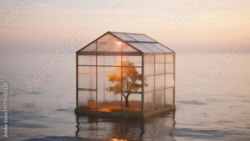 transparent greenhouse cube floating on calm ocean