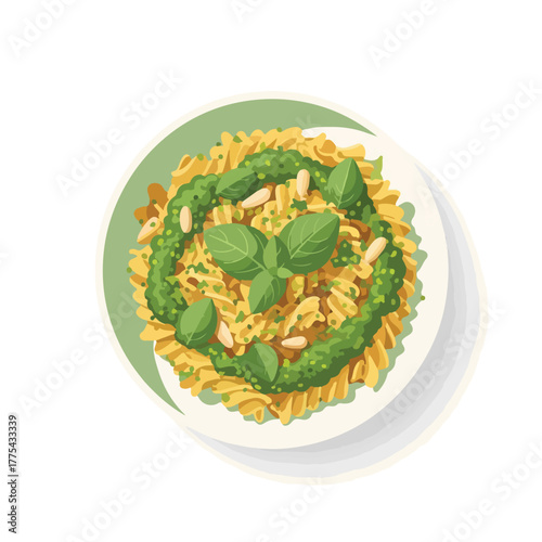 Delicious fusilli pasta with fresh green pesto sauce and pine nuts, a vibrant and appetizing food illustration of Italian cuisine perfect for culinary themes