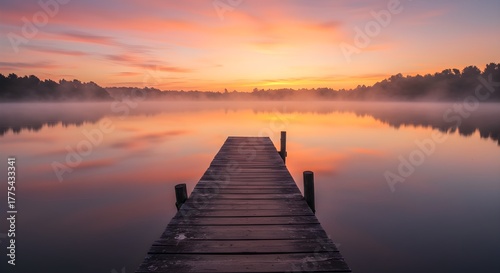 Tranquil wooden pier stretches across misty lake at sunrise
