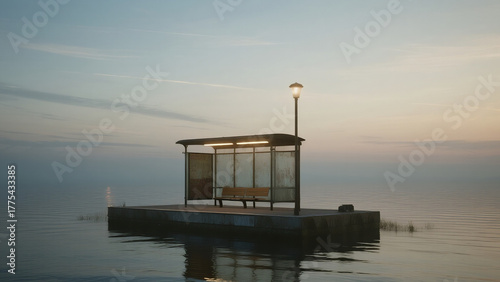 empty bus stop gently floating on a still ocean