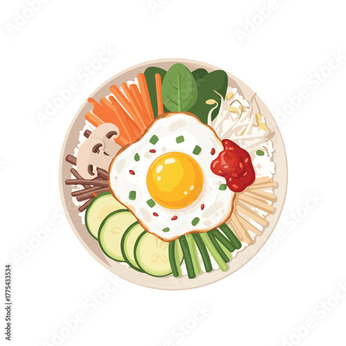 A visually appealing overhead view illustration of Korean bibimbap food served in a white bowl, showcasing a harmonious blend of vibrant ingredients with a fried egg at the center