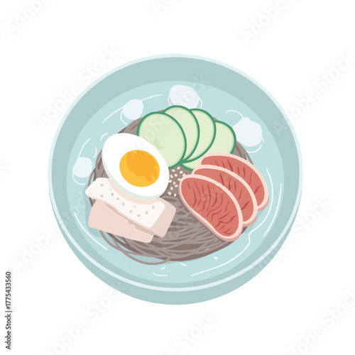 Delicious and Refreshing Korean Cold Noodle Food Dish Presented in a Bowl with Slices of Meat, Egg, and Cucumber for a Healthy Meal