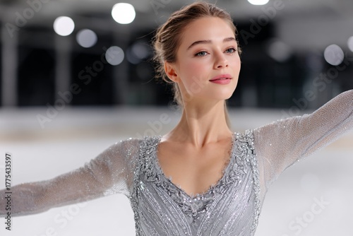 Elegant female figure skater performing on ice in a dazzling costume