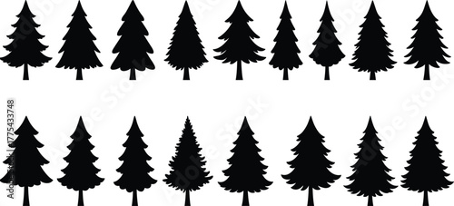 Black silhouette pine tree vector collection, evergreen forest and nature illustration set, conifer tree shapes for winter, landscape, and Christmas design