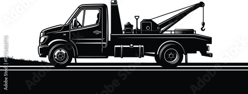 Tow Truck Silhouette on Road and Grass tow truck, silhouette, truck, vehicle, recovery, detailed, towing, logistics, road, breakdown, design, rescue, emergency, duty, service, assistance, art, industr