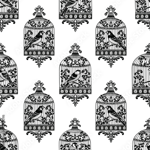 Vintage Birdcage and Bird Seamless Pattern Vector - Ornamental Black and White Wallpaper Design