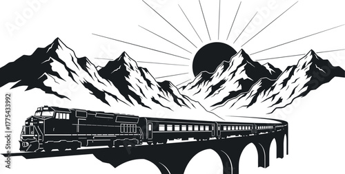 Train Crossing Mountain Bridge at Sunrise Silhouette train, locomotive, railway, black, nature, sunrise, viaduct, background, dusk, sun, design, locomotive, exploration, passenger, evening, journey, s