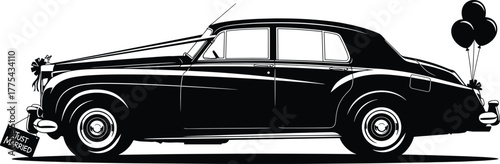 Vintage Wedding Car with Balloons and Just Married Sign A Classic Celebration of Love, car, wedding, vintage, balloons, celebration, occasion, partner, married, marriage, formal, clipart, festivity, r