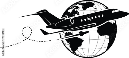 Airplane flying around the globe with dotted flight path airplane, jet, aircraft, passenger, wanderlust, logistics, concept, aircraft, freedom, international, flight, continents, clouds, exploration, 