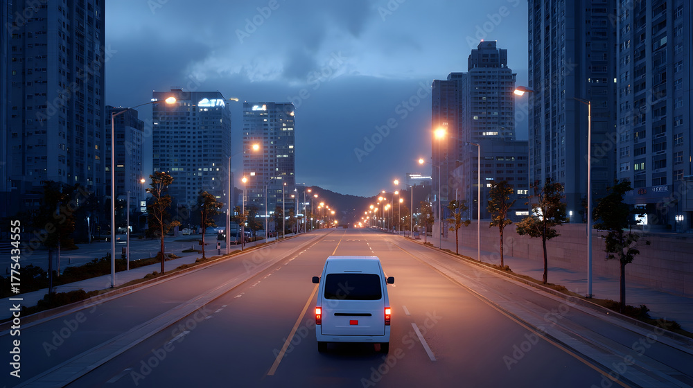 Naklejka premium A solitary white van travels along an empty urban road illuminated by streetlights and building lights during twilight with tall modern buildings on either side