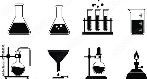 Chemical laboratory glassware silhouette set with flasks, test tubes, beaker, funnel, and burner, science experiment equipment vector illustration for research
