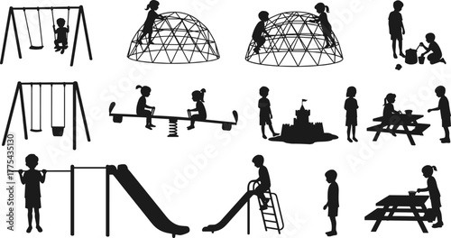 Children playing on playground equipment with swings, slides, climbing domes, seesaw, and sandbox, outdoor recreation and fun activity vector illustration