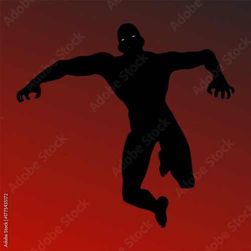 Dark horror silhouette of scary man figure on red gradient background, spooky Halloween design illustration.