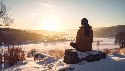 Person Meditating on Snowy Hill in Winter Light