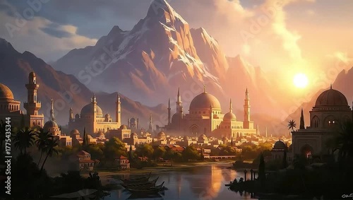 Beautiful Islamic city on river with snow-capped mountains, time-lapse clouds move as sun sets in golden light.