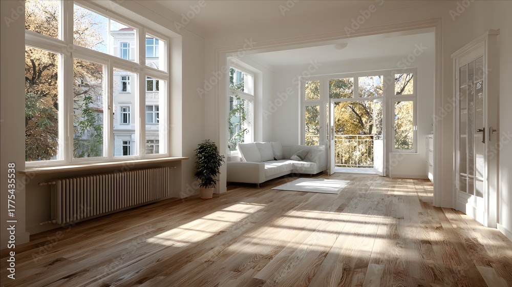 Obraz premium Newly renovated, empty apartment room with pristine white walls and light wood flooring. Sunlight streams through large windows, creating an open feel.