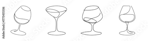 Four brandy snifter glasses in sketchy line art style