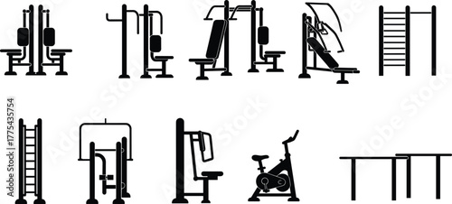 Gym fitness equipment silhouette vector set, workout machines and exercise tools collection for bodybuilding, training, sports, and healthy lifestyle design illustration