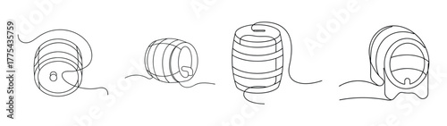 Four beer kegs shown from different angles in a line drawing style