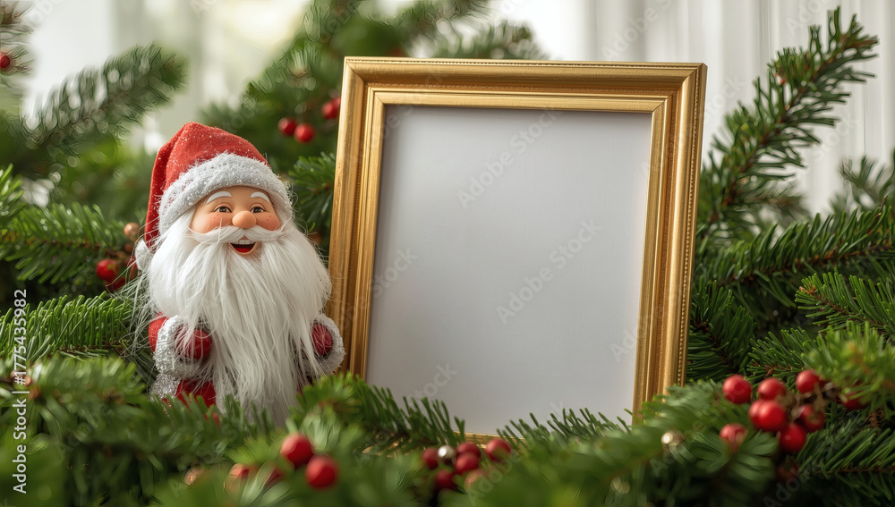 Fototapeta premium Jolly Santa & Golden Frame Festive Christmas for Holiday Marketing, Greeting Cards, Website & Social Media