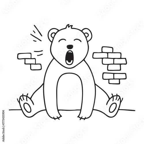 A bear yawns while standing near a zoo wall