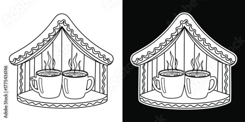 Two cups of hot drink in a small house isolated on white background coloring page for kids vector illustration