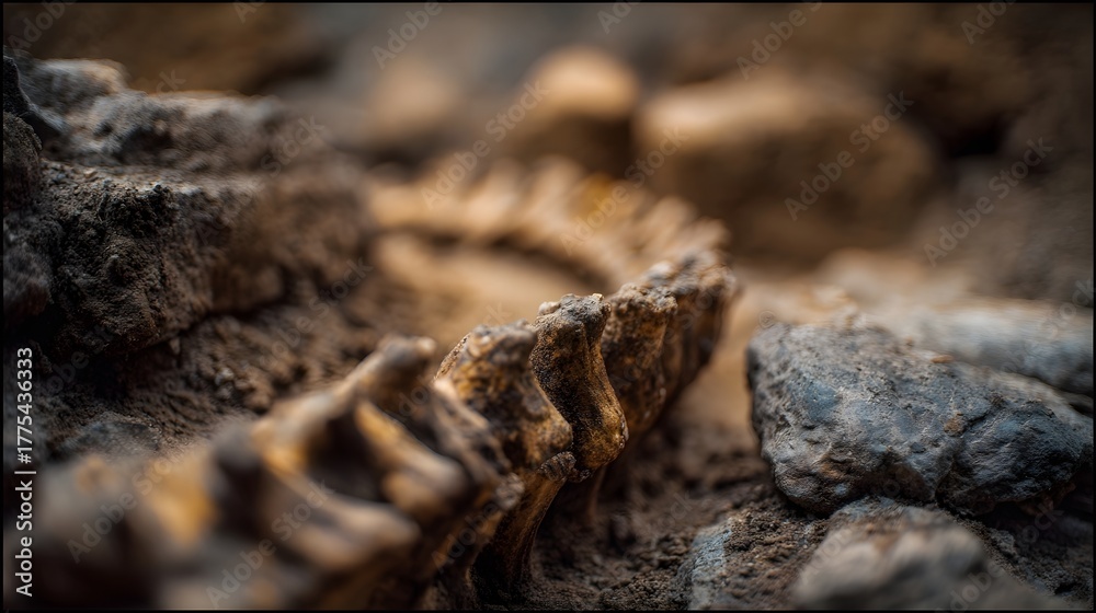 Fototapeta premium ro view of ancient fossilized bone structure unearthed from earthy terrain with diffused light