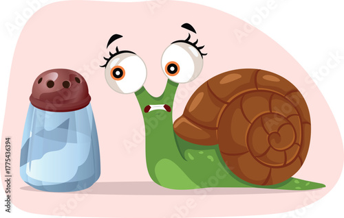 Snail Scared by a Salt Shaker Vector Cartoon Character. Concerned animal feeling frightened and stressed out about immediate danger
