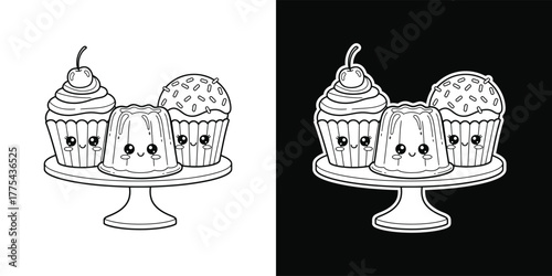 Cute cartoon cupcake and jelly pudding on cake stand isolated on white background for coloring book or page for kids