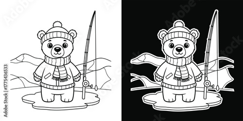 Cute cartoon bear fishing on ice isolated on white background for coloring book or page for kids and children
