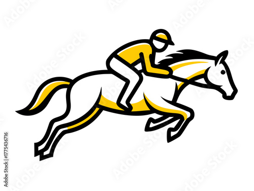 Vector illustration of a show jumping featuring a dynamic black and white outline of a horse and jockey mid-jump, isolated on white background