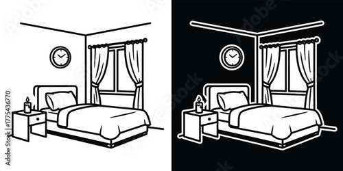 Cozy bedroom interior with bed, nightstand, clock, and curtains, creating a peaceful and inviting atmosphere isolated on white background