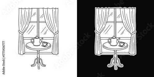 Charming tea time illustration isolated on white background featuring a table, teapot, cup, and window with curtains, creating a cozy and inviting scene