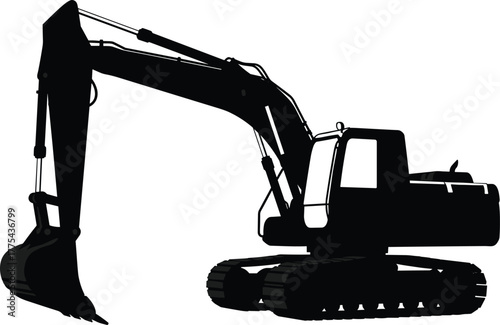 Heavy construction excavator machine silhouette illustration with digging bucket, crawler tracks, and hydraulic arm for industrial building work and engineering project design