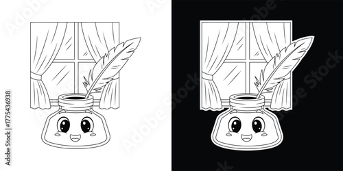 Whimsical inkwell character with feather pen in front of a window, perfect for creative writing and artistic themes isolated on white background