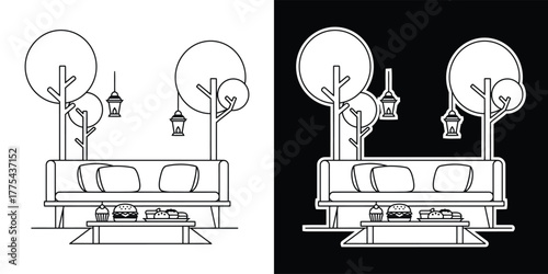 Outdoor lounge area with sofa, trees, lanterns, and a table with food isolated on white background hand drawn vector illustration in doodle style